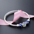 wholesale S990 silver Korean-style blue beaded ethnic bangle bracelet for women, adjustable fashion silver jewelry-0-3