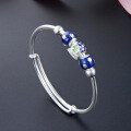 wholesale S990 silver Korean-style blue beaded ethnic bangle bracelet for women, adjustable fashion silver jewelry-0-2