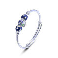 wholesale S990 silver Korean-style blue beaded ethnic bangle bracelet for women, adjustable fashion silver jewelry-0-4