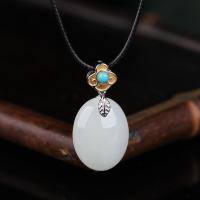 wholesale Gold and silver electroplated vintage ethnic style jade pendant for women with certificate, inlaid with turquoise cabochon and Hetian jade-Large egg-shaped white jade pendant 20*15mm (without chain)