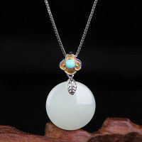 wholesale Gold and silver plated vintage style natural jade pendant necklace with certificate, featuring turquoise and Hetian jade in auspicious cloud design-17mm Hetian jade pendant (without chain)  925 silver