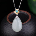 wholesale Vintage-style green gold and silver two-tone cloud-inlaid water-drop Hetian jade pendant necklace for women with certificate-0-0