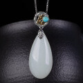 wholesale Gold and Silver Plated Bamboo Knot Clasp Turquoise Drop Nephrite Pendant Vintage Palace Style Hanfu Jade Necklace-0-5