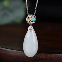 wholesale Gold and Silver Plated Bamboo Knot Clasp Turquoise Drop Nephrite Pendant Vintage Palace Style Hanfu Jade Necklace-Water drop pendant 13*27mm (without chain)  925 silver