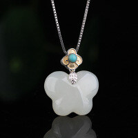 wholesale Gold and silver color separation inlaid with turquoise butterfly and Hetian jade pendant with certificate for women in new Chinese retro ethnic style-Butterfly 16*20mm pendant (without chain)