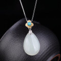 wholesale Vintage-style green gold and silver two-tone cloud-inlaid water-drop Hetian jade pendant necklace for women with certificate-0-2