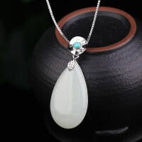 wholesale 925 silver antique court-style Hanfu accessory with a drop-shaped Hetian jade pendant, accompanied by an appraisal certificate-Water drop 17*30mm pendant (without chain) >925 silver
