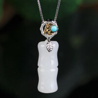 wholesale Gold and silver two-tone new Chinese style bamboo knot green turquoise and Hetian jade pendant with appraisal certificate, women's courtly Hanfu jade accessory-10*25mm bamboo pendant (not including necklace)  925 silver