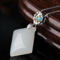 wholesale 925 silver and gold two-tone square Hetian jade pendant with turquoise inlay, featuring an appraisal certificate-0-1