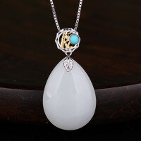 wholesale Retro court-style Hanfu jade pendant necklace with appraisal certificate, gold and silver bi-color water-drop Hetian jade pendant for women-Water drop 18*25mm pendant (without chain) >925 silver