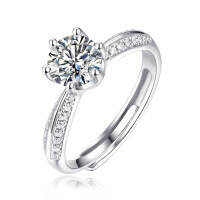 S925 Silver Moissanite Six-Claw Light Luxury Adjustable Ring-R4149 Moissanite, 1 carat/6.5mm