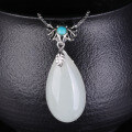 wholesale 925 silver with certificate, inlaid with turquoise drop-shaped Hetian jade pendant, vintage-style natural gemstone necklace pendant for women-0-0