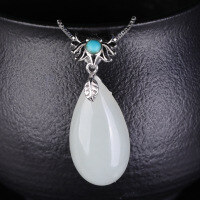 wholesale 925 silver with certificate, inlaid with turquoise drop-shaped Hetian jade pendant, vintage-style natural gemstone necklace pendant for women-13*25mm teardrop pendant (without chain) >925 silver