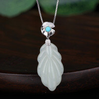 wholesale 925 Sterling Silver Retro Chinese Style Jade Jewelry for Women with Certificate, Inlaid with Turquoise Buckle Feather and Hetian Jade Pendant-16*31mm pendant (without chain) 925 silver