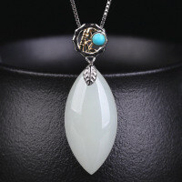 wholesale 925 Silver Vintage Ethnic Style Jade Pendant Wholesale with Certificate, Inlaid with Turquoise Buckle, Horse Eye, and Hetian Jade Necklace-Horse eye 13*27mm pendant (without chain)