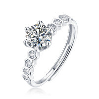 S925 Silver Moissanite Six-Claw Light Luxury Adjustable Ring-R9033 Moissanite, 1 carat/6.5mm