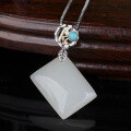 wholesale 925 silver and gold two-tone square Hetian jade pendant with turquoise inlay, featuring an appraisal certificate-0-0