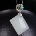wholesale 925 silver and gold two-tone square Hetian jade pendant with turquoise inlay, featuring an appraisal certificate-0-5