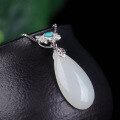 wholesale 925 silver with certificate, inlaid with turquoise drop-shaped Hetian jade pendant, vintage-style natural gemstone necklace pendant for women-0-1