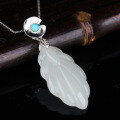 wholesale 925 Sterling Silver Retro Chinese Style Jade Jewelry for Women with Certificate, Inlaid with Turquoise Buckle Feather and Hetian Jade Pendant-0-5
