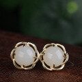 wholesale 925 silver gold-plated retro ethnic style ethereal jade earrings with flower inlaid Hetian jade earrings for women-0-5