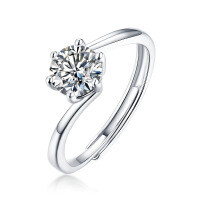 S925 Silver Moissanite Six-Claw Light Luxury Adjustable Ring-R8884 Moissanite, 1 carat/6.5mm