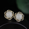 wholesale 925 silver gold-plated retro ethnic style ethereal jade earrings with flower inlaid Hetian jade earrings for women-0-1