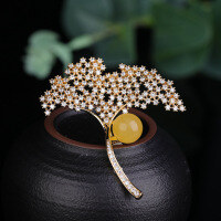 wholesale Metal material fashion versatile autumn winter women's ginkgo leaf amber brooch pendant two-in-one-Tulip beeswax bead 9mm pendant brooch (without chain)