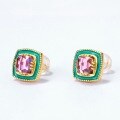 wholesale S925 gold-plated silver with natural amethyst, aquamarine, and green oil enamel geometric princess-cut stud earrings for women-0-1