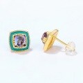 wholesale S925 gold-plated silver with natural amethyst, aquamarine, and green oil enamel geometric princess-cut stud earrings for women-0-3