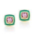 wholesale S925 gold-plated silver with natural amethyst, aquamarine, and green oil enamel geometric princess-cut stud earrings for women-0-5