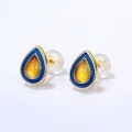wholesale S925 Gold-Plated Enamel Amber Teardrop Earrings, Japanese Light Luxury Classic Colored Gemstone Studs for Students, Internet-Famous Jewelry-0-1