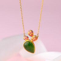 wholesale 925 silver gold-plated with certificate, niche cactus collarbone chain, elegant women's pendant featuring inlaid water-drop-shaped Hetian jasper-8*11mm teardrop pendant (including necklace)>925 silver