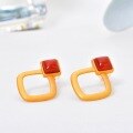 wholesale 925 Sterling Silver Gold-Plated with Certificate, Square Hollow-Out Earrings, Fashionable and Elegant, Luxury, Inlaid with South Red Agate, for Women-0-0