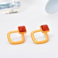 wholesale 925 Sterling Silver Gold-Plated with Certificate, Square Hollow-Out Earrings, Fashionable and Elegant, Luxury, Inlaid with South Red Agate, for Women-7mm Nanhong square earrings 925 silver gold plated