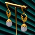 wholesale [gold-plated 925 silver] Vintage Chinese-style pearl jade earrings for women, small and niche, with round beads and inlaid white jade-0-2