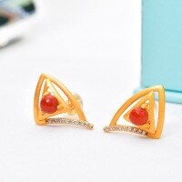 wholesale Metal material: 925 sterling gold-plated, set with South Red Agate stud earrings in a geometric triangle design with a certificate of fashionable elegance-Semi-circular 4mm earrings (with certificate)  925 silver gold plated