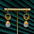 wholesale [gold-plated 925 silver] Vintage Chinese-style pearl jade earrings for women, small and niche, with round beads and inlaid white jade-0-0