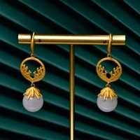 wholesale [gold-plated 925 silver] Vintage Chinese-style pearl jade earrings for women, small and niche, with round beads and inlaid white jade-Hetian Jade Earrings 925 Silver Gold Plated