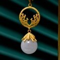 wholesale [gold-plated 925 silver] Vintage Chinese-style pearl jade earrings for women, small and niche, with round beads and inlaid white jade-0-5