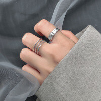 wholesale S925 silver Korean-style minimalist three-layer open ring with fashionable floral pattern combination matching ring J7037-S925 silver ring three-layer opening adjustable