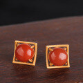 wholesale Gold-plated 925 Silver Certified Cabochon South Red Agate Ear Studs with Minimalist Hollow-out National Trend Retro-style Earrings-0-3