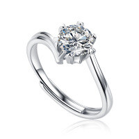S925 Silver Moissanite Six-Claw Light Luxury Adjustable Ring-R10722 Moissanite, 1 carat/6.5mm