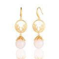 wholesale [gold-plated 925 silver] Vintage Chinese-style pearl jade earrings for women, small and niche, with round beads and inlaid white jade-0-4