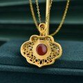 wholesale Vintage 925 Sterling Silver Plated with Ancient Gold Technique, Openwork and Inlaid with Southern Red Agate Ruyi Pendant Women's Collarbone Necklace with Certificate-0-3