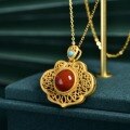 wholesale Vintage 925 Sterling Silver Plated with Ancient Gold Technique, Openwork and Inlaid with Southern Red Agate Ruyi Pendant Women's Collarbone Necklace with Certificate-0-1
