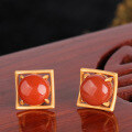 wholesale Gold-plated 925 Silver Certified Cabochon South Red Agate Ear Studs with Minimalist Hollow-out National Trend Retro-style Earrings-0-0