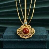 wholesale Vintage 925 Sterling Silver Plated with Ancient Gold Technique, Openwork and Inlaid with Southern Red Agate Ruyi Pendant Women's Collarbone Necklace with Certificate-12mm semi-circular pendant (without chain)  925 silver gold-plated