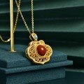 wholesale Vintage 925 Sterling Silver Plated with Ancient Gold Technique, Openwork and Inlaid with Southern Red Agate Ruyi Pendant Women's Collarbone Necklace with Certificate-0-2