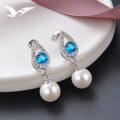 wholesale S925 Sterling Silver Fashion Pearl Jewelry, Teardrop Shape Inlaid with Diamond and Blue Zircon Earrings for Women, Factory Wholesale-0-0
